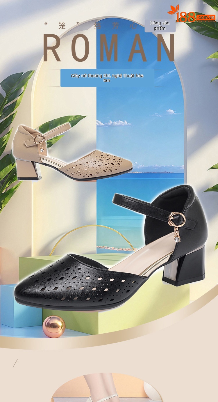 Sandal cao gót nữ mũi hở da thật phong cách cổ điển — màu đen chi tiết 1