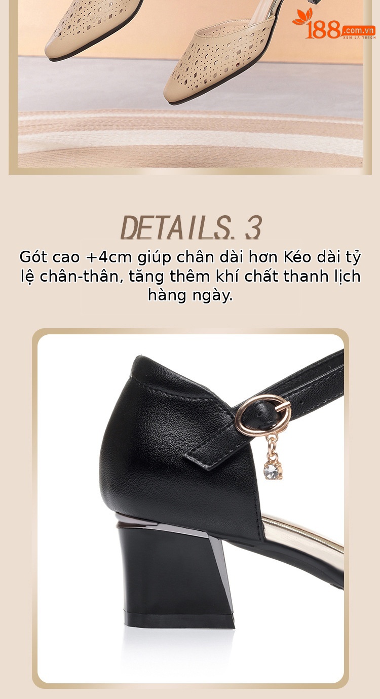 Sandal cao gót nữ mũi hở da thật phong cách cổ điển — màu đen chi tiết 4
