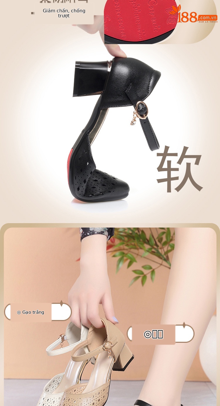 Sandal cao gót nữ mũi hở da thật phong cách cổ điển — màu đen chi tiết 6