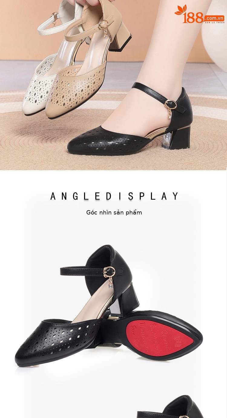Sandal cao gót nữ mũi hở da thật phong cách cổ điển — màu đen chi tiết 14