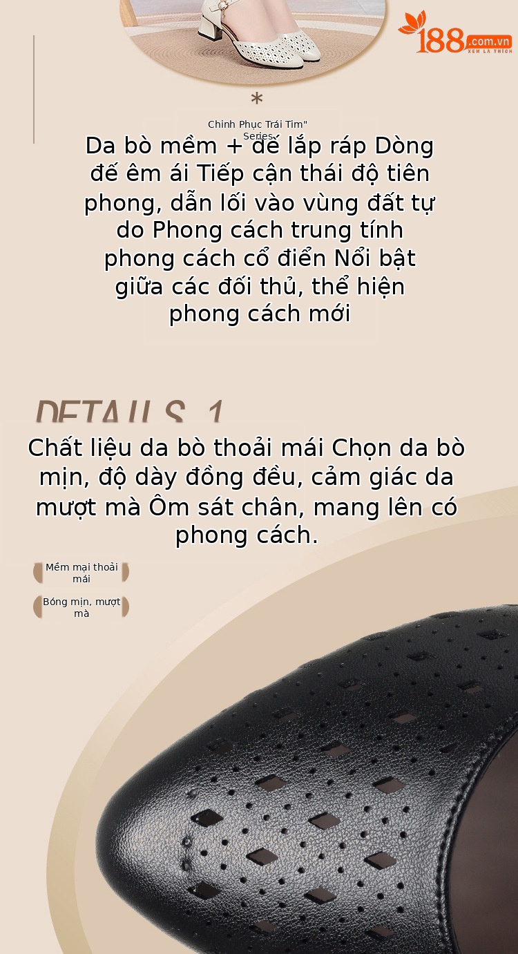 Sandal cao gót nữ mũi hở da thật phong cách cổ điển — màu đen chi tiết 2