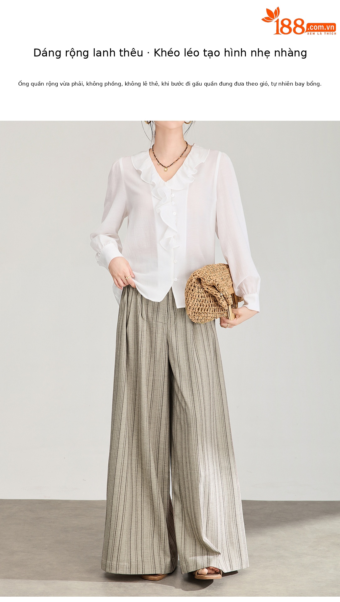 Quần culottes nữ ống rộng sọc kẻ dọc chất liệu tencel cao cấp phong cách công sở — màu kaki chi tiết 5