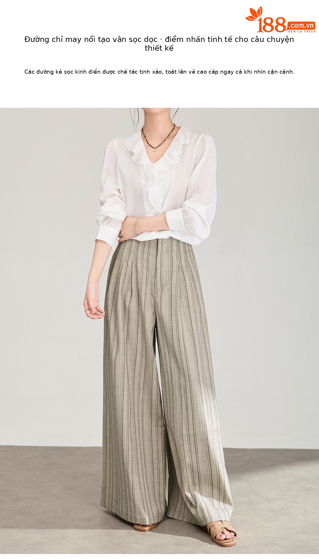 Quần culottes nữ ống rộng sọc kẻ dọc chất liệu tencel cao cấp phong cách công sở — màu kaki chi tiết 6