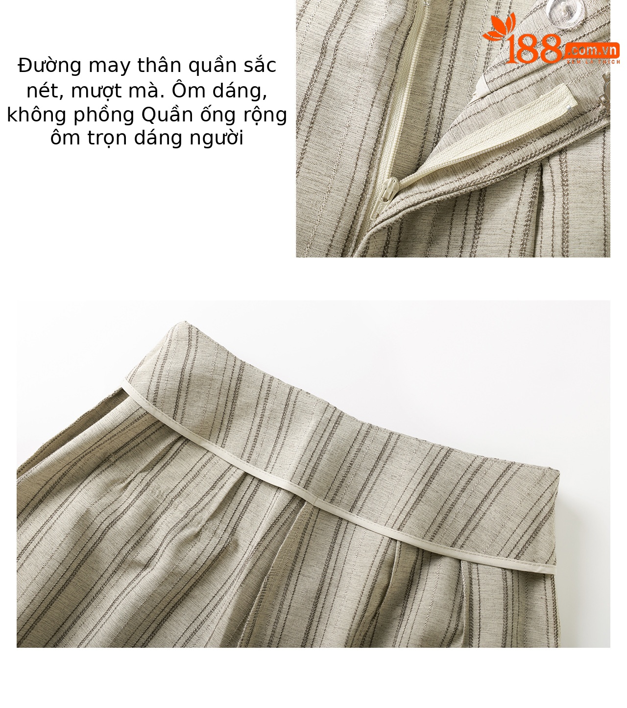 Quần culottes nữ ống rộng sọc kẻ dọc chất liệu tencel cao cấp phong cách công sở — màu kaki chi tiết 8