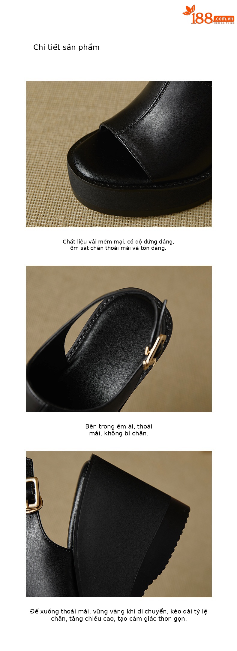 Sandal nữ đế xuồng cao gót mũi hở quai ngang da bò thật — màu đen, màu mơ chi tiết 4
