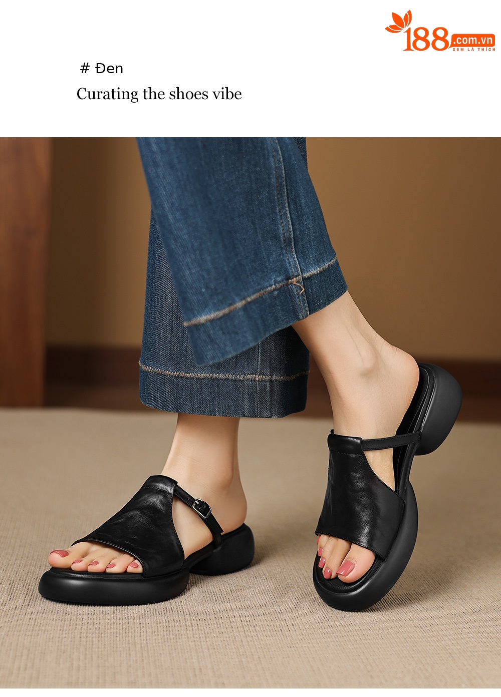Sandal hở mũi nữ quai ngang đế dày da bò — màu nâu chi tiết 9