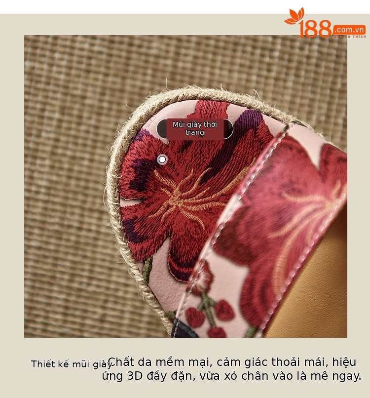 Sandal cao gót nữ hở mũi phong cách Bohemian, đế xuồng đan rơm, quai ngang khóa cài, họa tiết hoa — Xanh trắng, màu hồng nhạt chi tiết 4