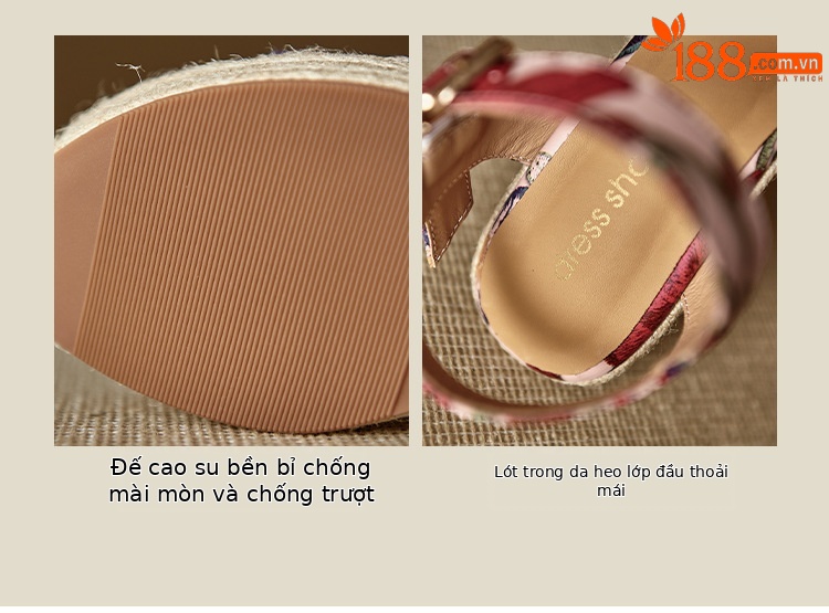 Sandal cao gót nữ hở mũi phong cách Bohemian, đế xuồng đan rơm, quai ngang khóa cài, họa tiết hoa — Xanh trắng, màu hồng nhạt chi tiết 6