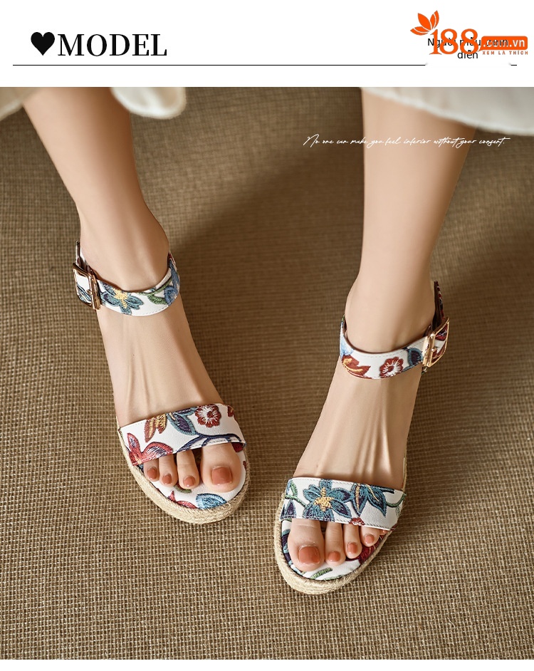 Sandal cao gót nữ hở mũi phong cách Bohemian, đế xuồng đan rơm, quai ngang khóa cài, họa tiết hoa — Xanh trắng, màu hồng nhạt chi tiết 8