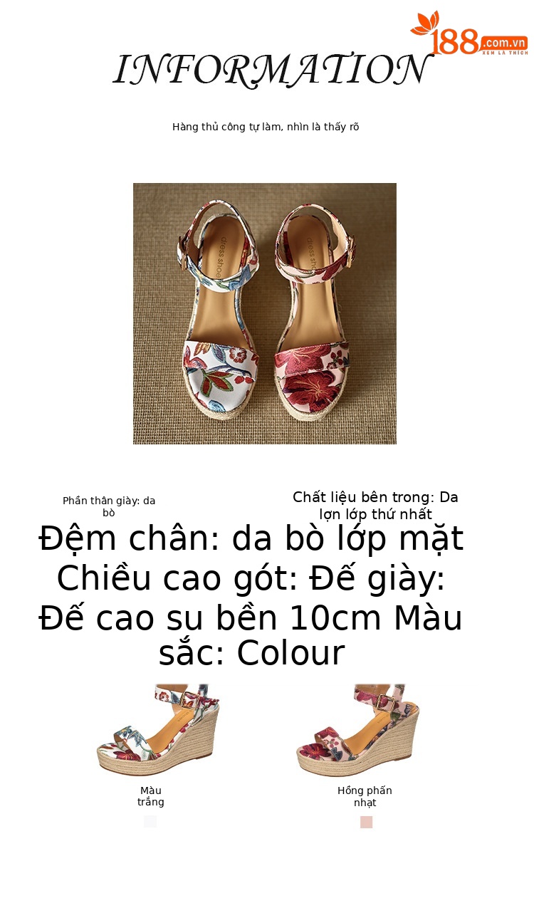 Sandal cao gót nữ hở mũi phong cách Bohemian, đế xuồng đan rơm, quai ngang khóa cài, họa tiết hoa — Xanh trắng, màu hồng nhạt chi tiết 2