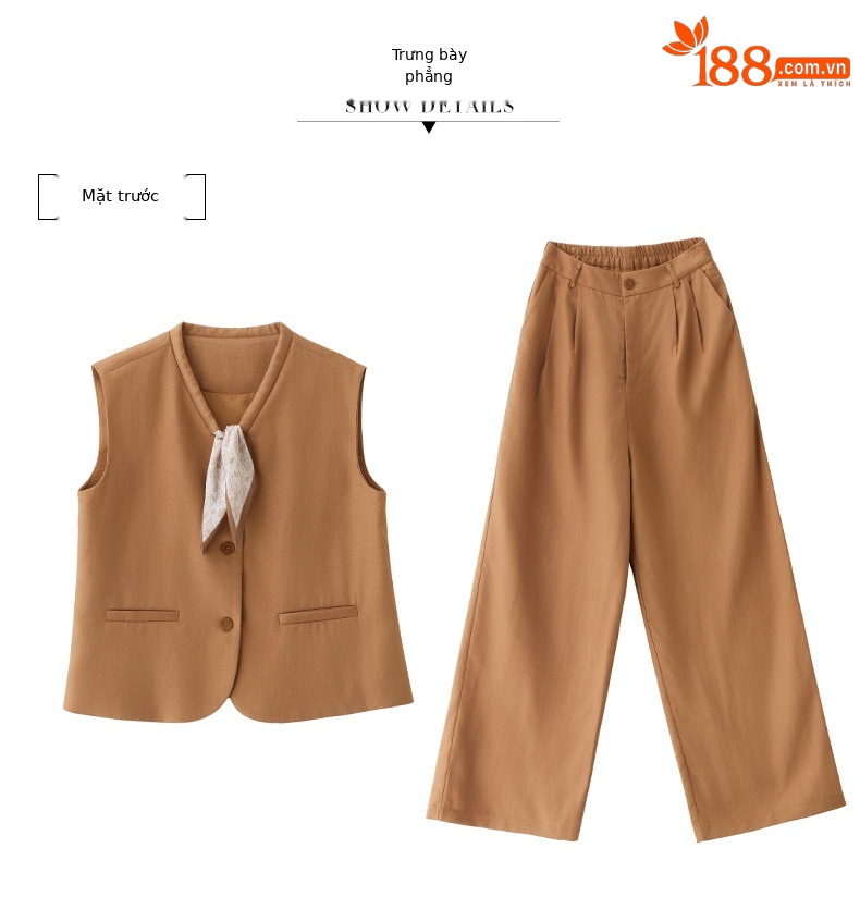 Bộ vest nữ gồm áo gile và quần tây ống đứng cạp cao — màu đen, màu cam, màu trắng ngà chi tiết 33