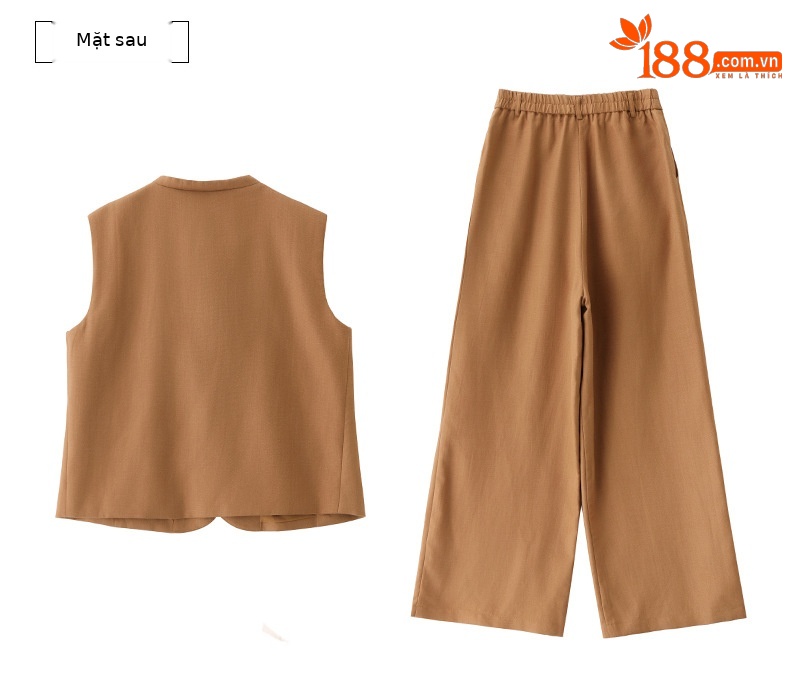 Bộ vest nữ gồm áo gile và quần tây ống đứng cạp cao — màu đen, màu cam, màu trắng ngà chi tiết 34