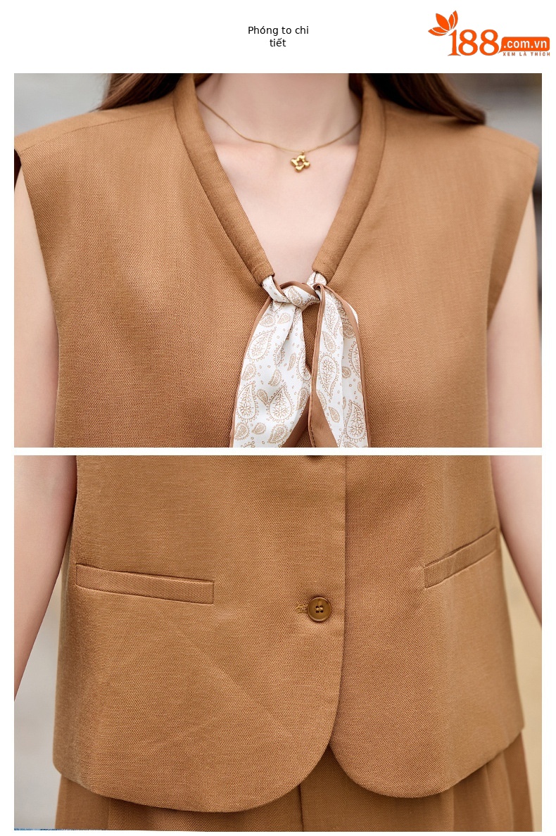 Bộ vest nữ gồm áo gile và quần tây ống đứng cạp cao — màu đen, màu cam, màu trắng ngà chi tiết 35