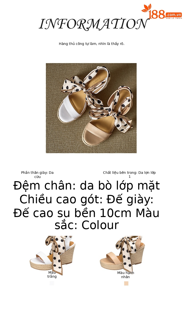 Sandal cao gót nữ hở mũi đế xuồng đan rơm, phối nơ và chấm bi — màu trắng, màu mơ chi tiết 2