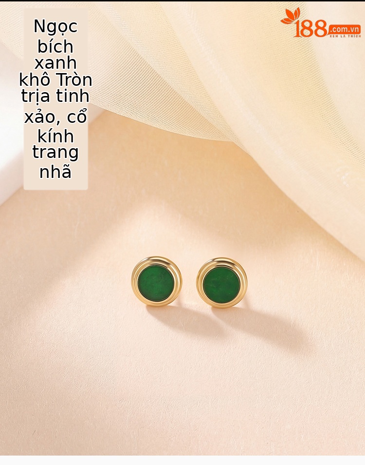 Bông tai bạc S925 mạ vàng đính ngọc bích khô hình tròn phong cách tối giản — Một đôi chi tiết 1