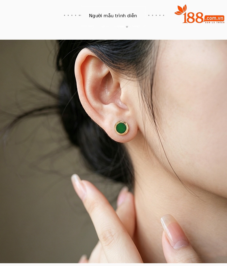 Bông tai bạc S925 mạ vàng đính ngọc bích khô hình tròn phong cách tối giản — Một đôi chi tiết 3