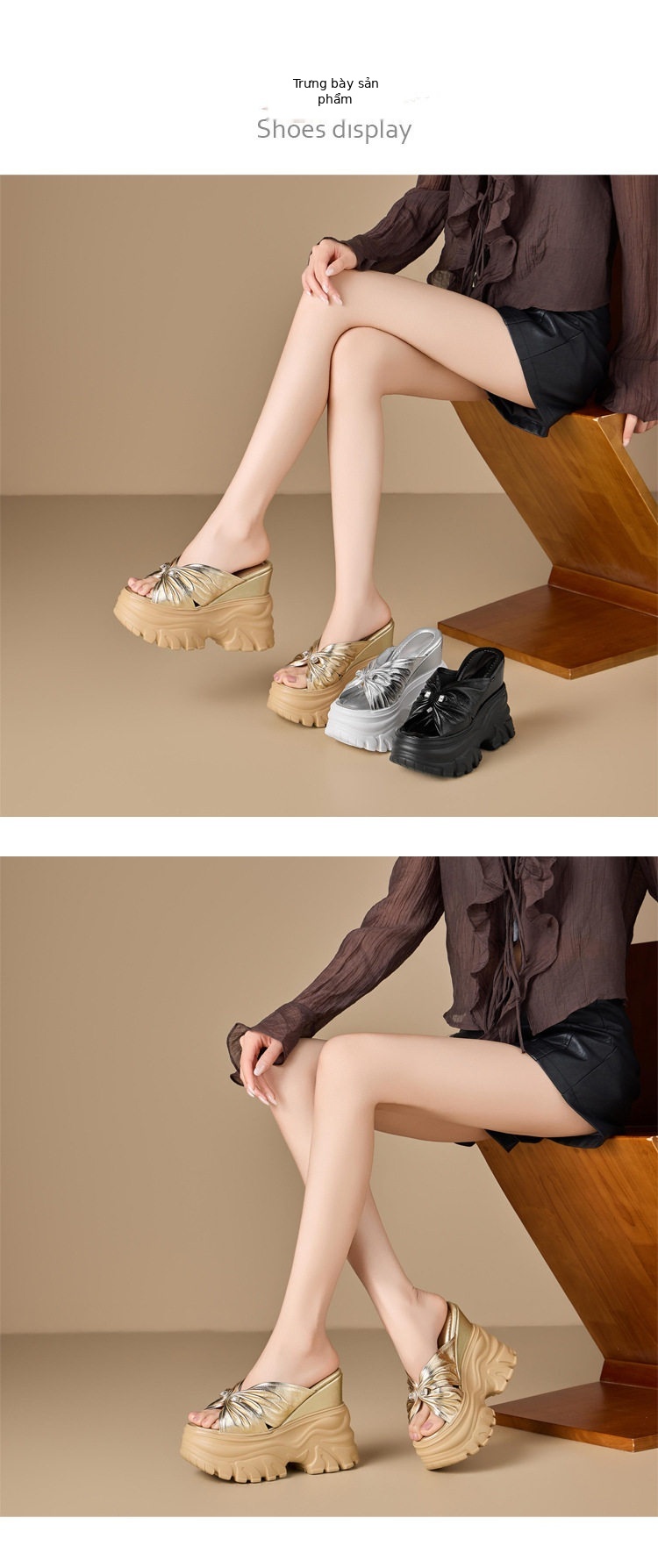 Dép sandal nữ quai chữ V đế xuồng cao gót 14 cm, chất liệu da cừu, phong cách thời trang — [Bạc], [Vàng], [Đen] chi tiết 2