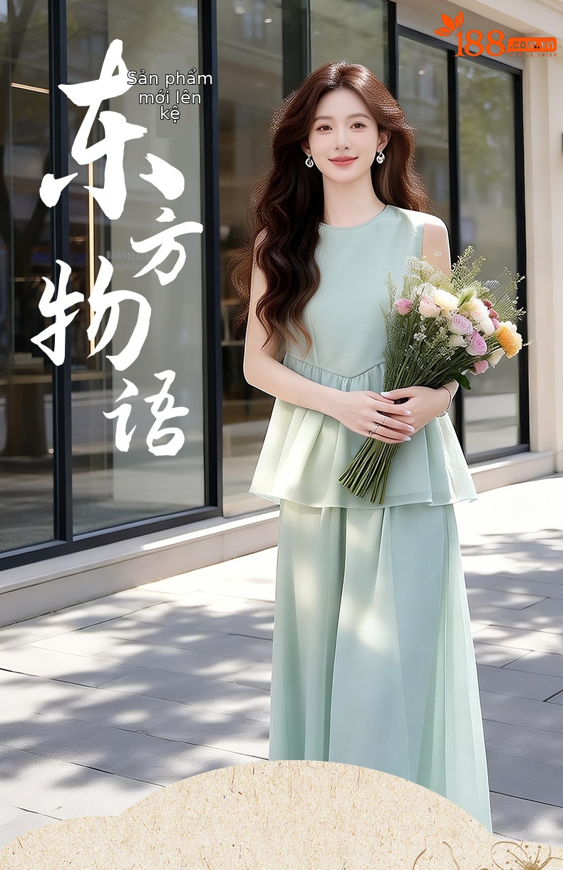 Set váy hai mảnh gồm áo không tay phối chân váy midi thắt eo — xanh lá cây chi tiết 1