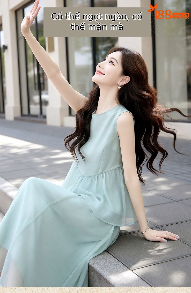 Set váy hai mảnh gồm áo không tay phối chân váy midi thắt eo — xanh lá cây chi tiết 4