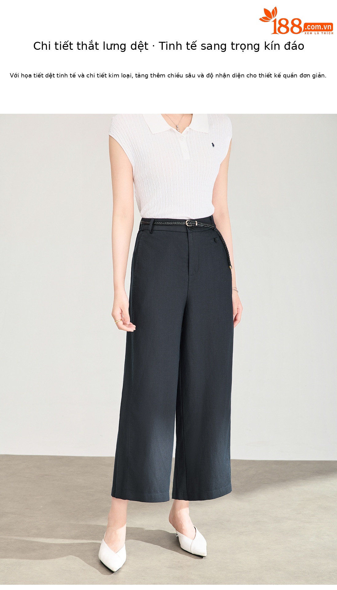 Quần culottes nữ ống rộng dáng suông, cạp cao, chất liệu tencel linen thoáng mát, phù hợp mùa hè — Xanh lông mòng đen chi tiết 6
