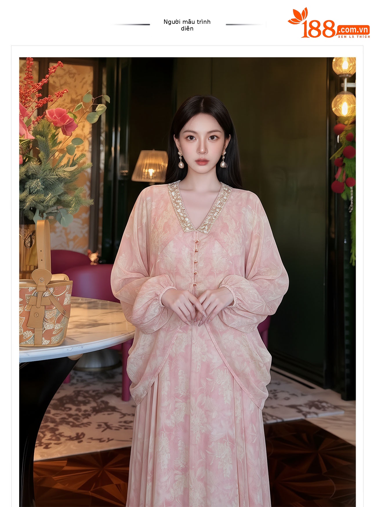 Đầm maxi nữ cổ V in hoa chất voan dài thắt eo thiết kế mùa hè — màu hồng chi tiết 1