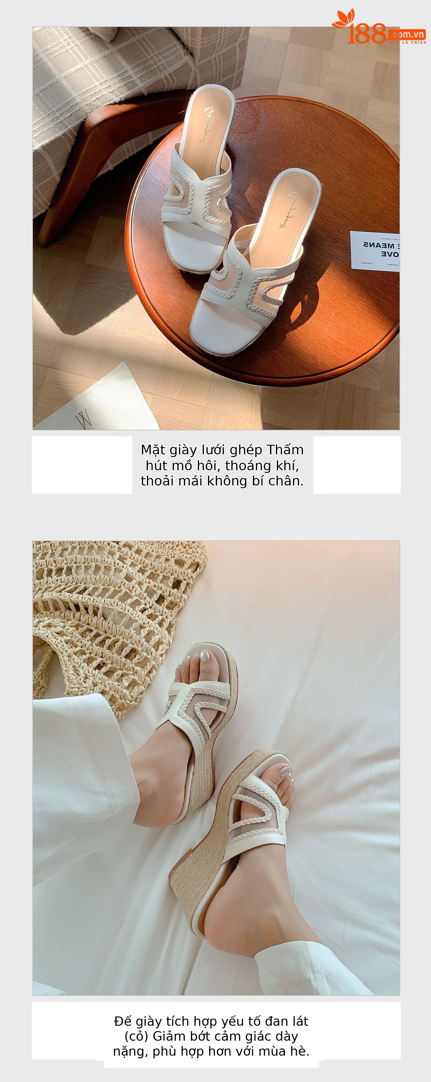 Sandal cao gót nữ hở mũi đế xuồng 9 cm, phong cách boho đan rơm — màu vàng, màu trắng ngà chi tiết 7