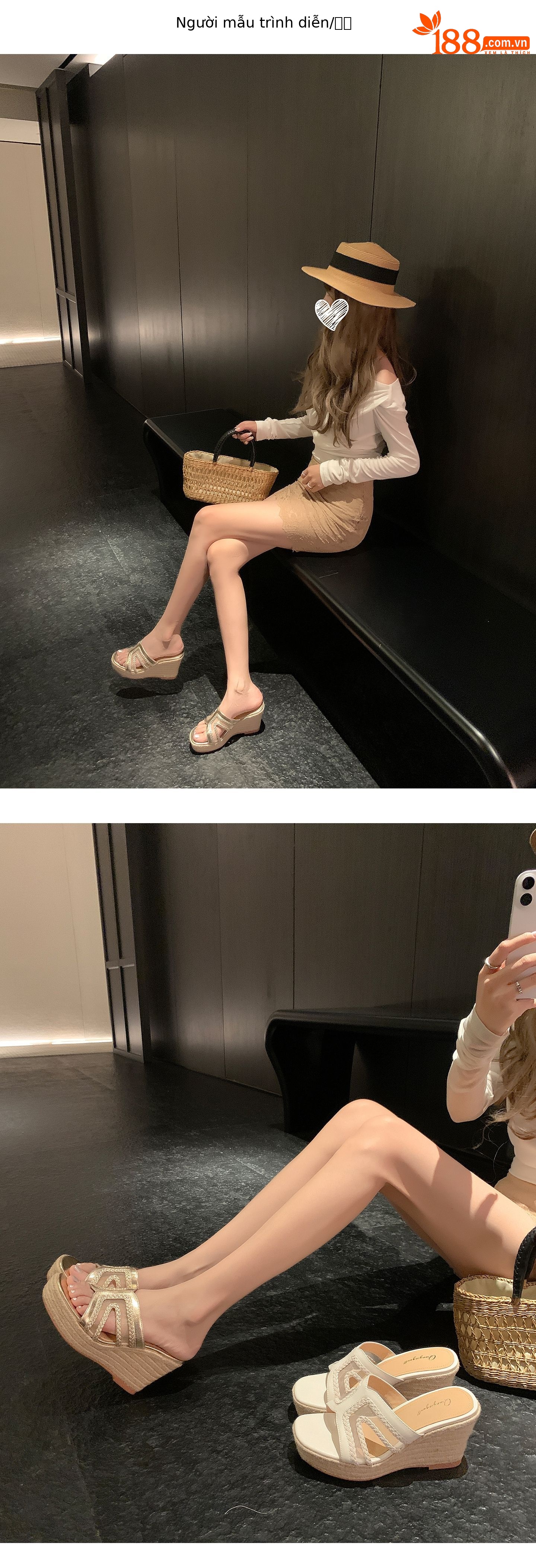 Sandal cao gót nữ hở mũi đế xuồng 9 cm, phong cách boho đan rơm — màu vàng, màu trắng ngà chi tiết 8