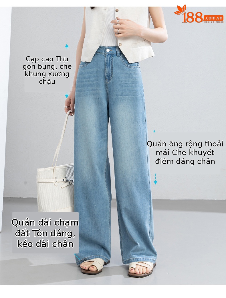 Quần jean nữ cao eo ống rộng dáng suông, chất liệu cotton pha tơ tằm thoáng mát, dài 103 cm — Thông thường - chiều dài quần khoảng 103cm chi tiết 5