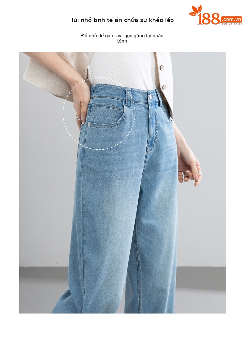 Quần jean nữ cao eo ống rộng dáng suông, chất liệu cotton pha tơ tằm thoáng mát, dài 103 cm — Thông thường - chiều dài quần khoảng 103cm chi tiết 6