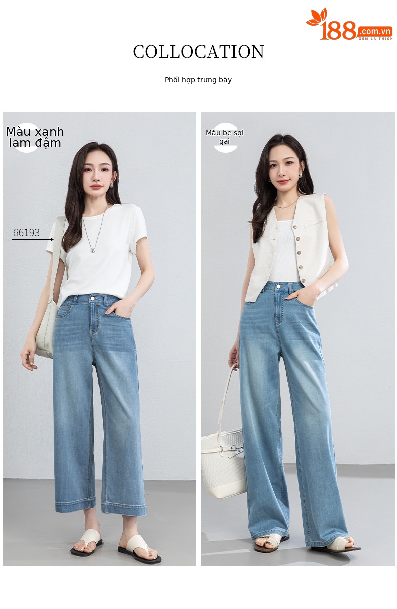 Quần jean nữ cao eo ống rộng dáng suông, chất liệu cotton pha tơ tằm thoáng mát, dài 103 cm — Thông thường - chiều dài quần khoảng 103cm chi tiết 7