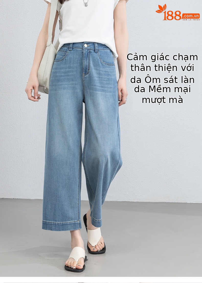 Quần jean nữ cao eo ống rộng dáng suông, chất liệu cotton pha tơ tằm thoáng mát, dài 103 cm — Thông thường - chiều dài quần khoảng 103cm chi tiết 9