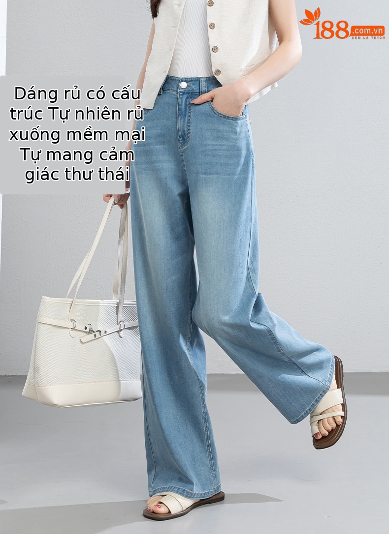 Quần jean nữ cao eo ống rộng dáng suông, chất liệu cotton pha tơ tằm thoáng mát, dài 103 cm — Thông thường - chiều dài quần khoảng 103cm chi tiết 10