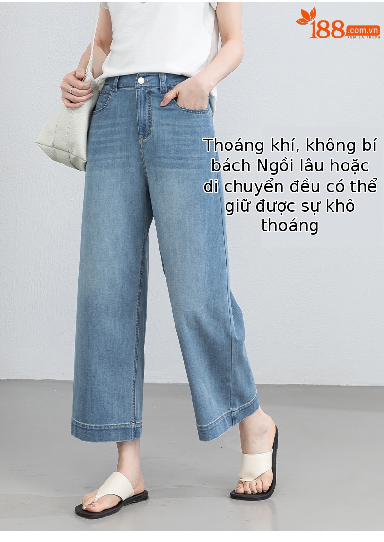 Quần jean nữ cao eo ống rộng dáng suông, chất liệu cotton pha tơ tằm thoáng mát, dài 103 cm — Thông thường - chiều dài quần khoảng 103cm chi tiết 11