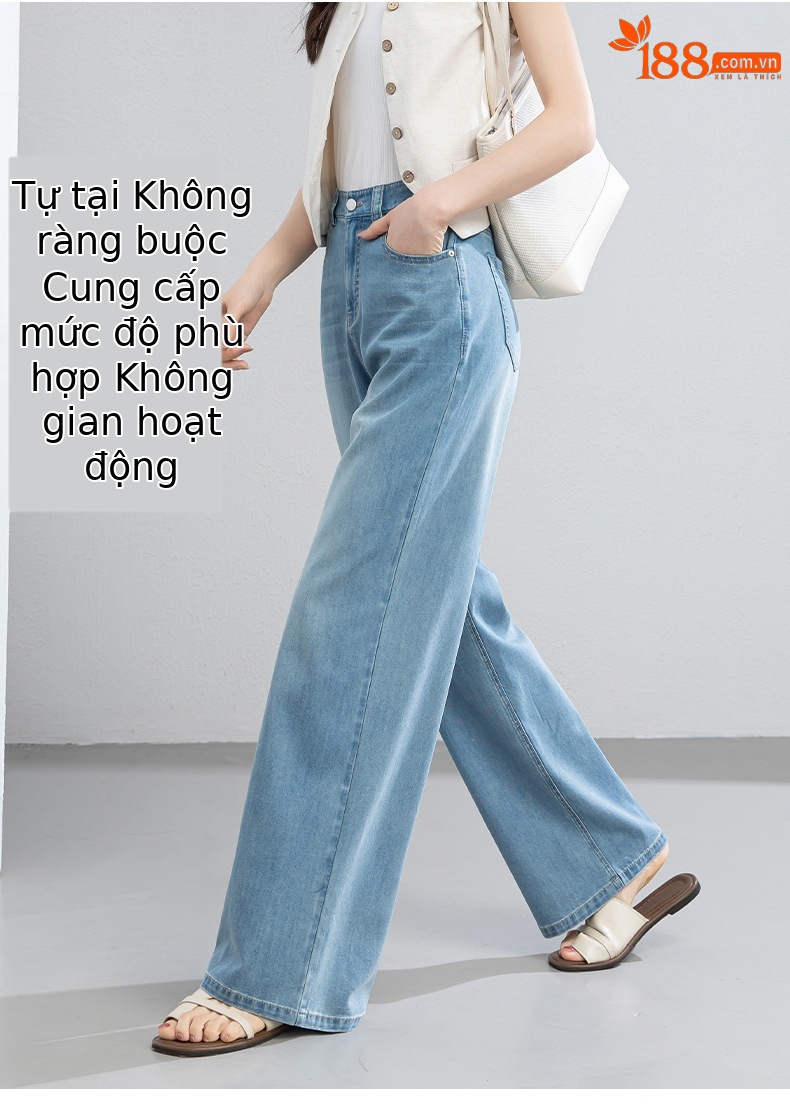 Quần jean nữ cao eo ống rộng dáng suông, chất liệu cotton pha tơ tằm thoáng mát, dài 103 cm — Thông thường - chiều dài quần khoảng 103cm chi tiết 12