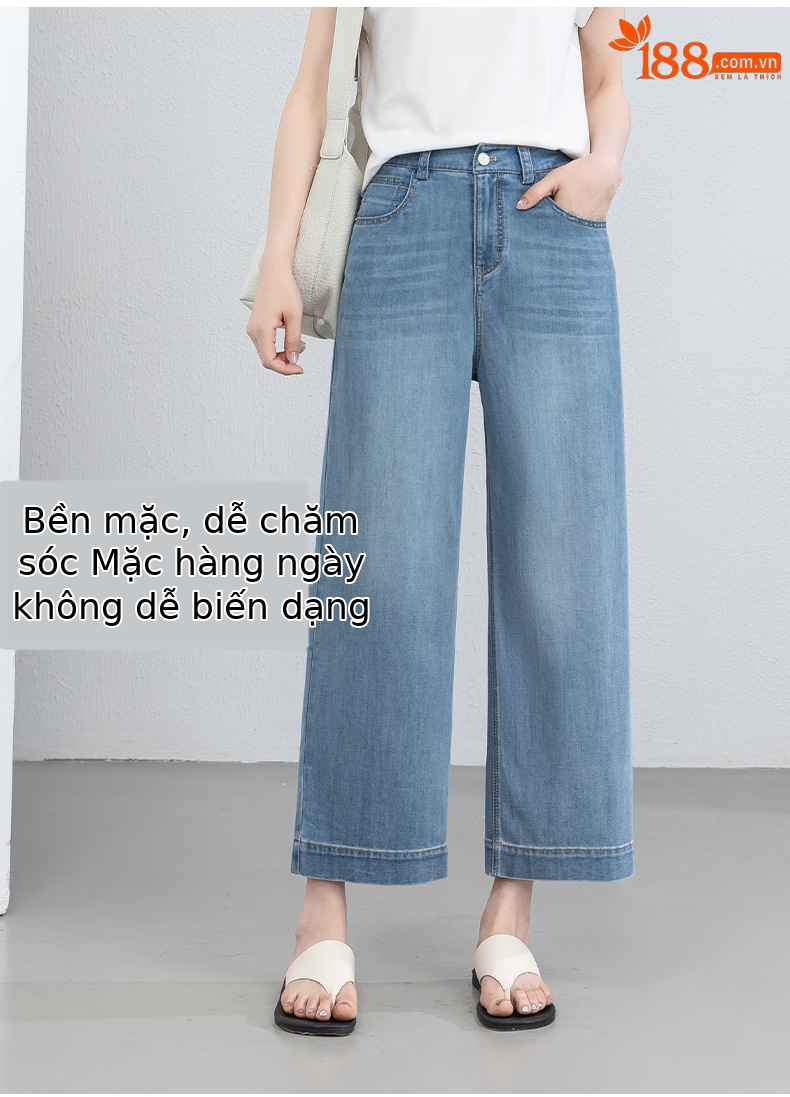 Quần jean nữ cao eo ống rộng dáng suông, chất liệu cotton pha tơ tằm thoáng mát, dài 103 cm — Thông thường - chiều dài quần khoảng 103cm chi tiết 13