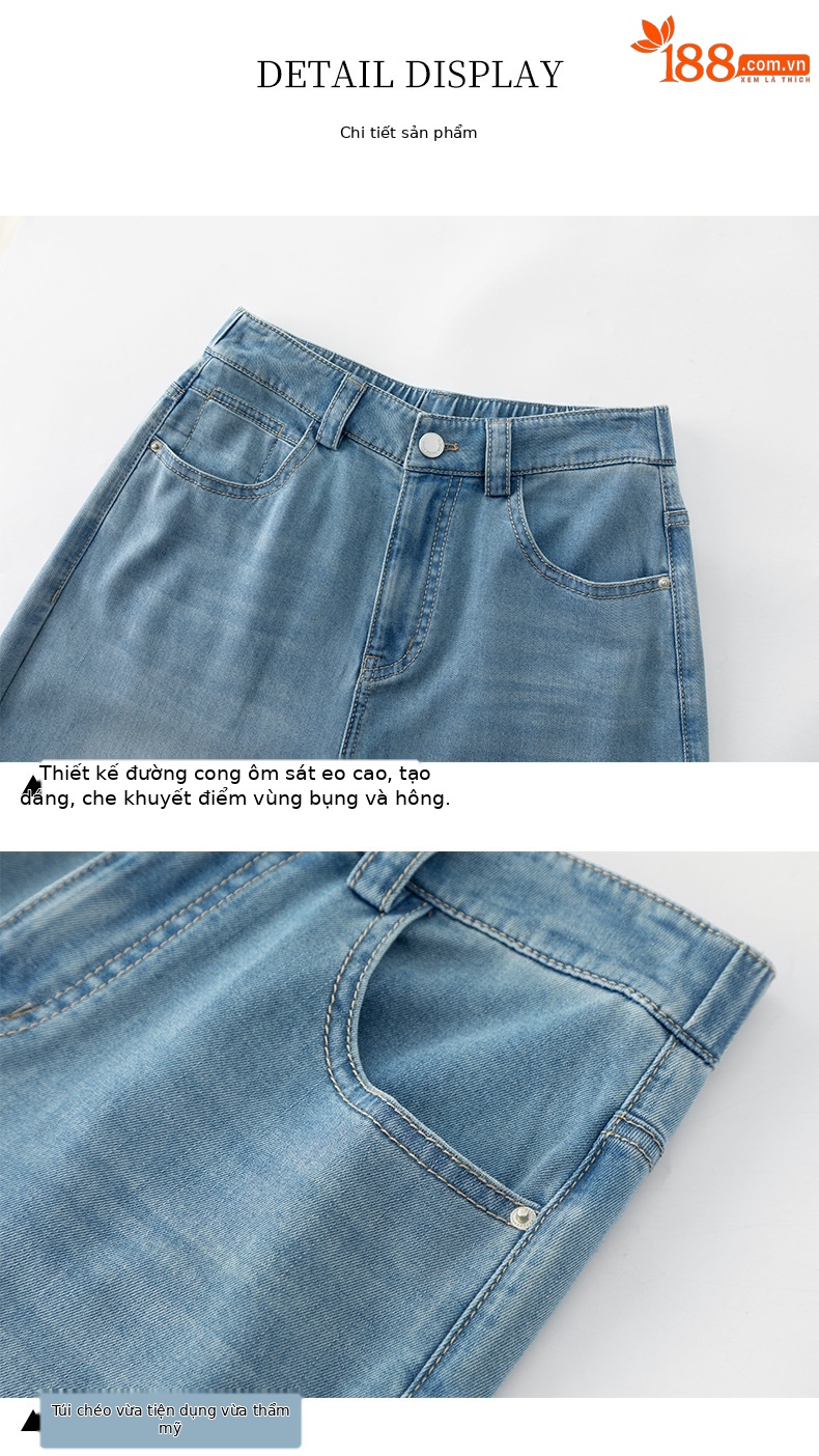 Quần jean nữ cao eo ống rộng dáng suông, chất liệu cotton pha tơ tằm thoáng mát, dài 103 cm — Thông thường - chiều dài quần khoảng 103cm chi tiết 15