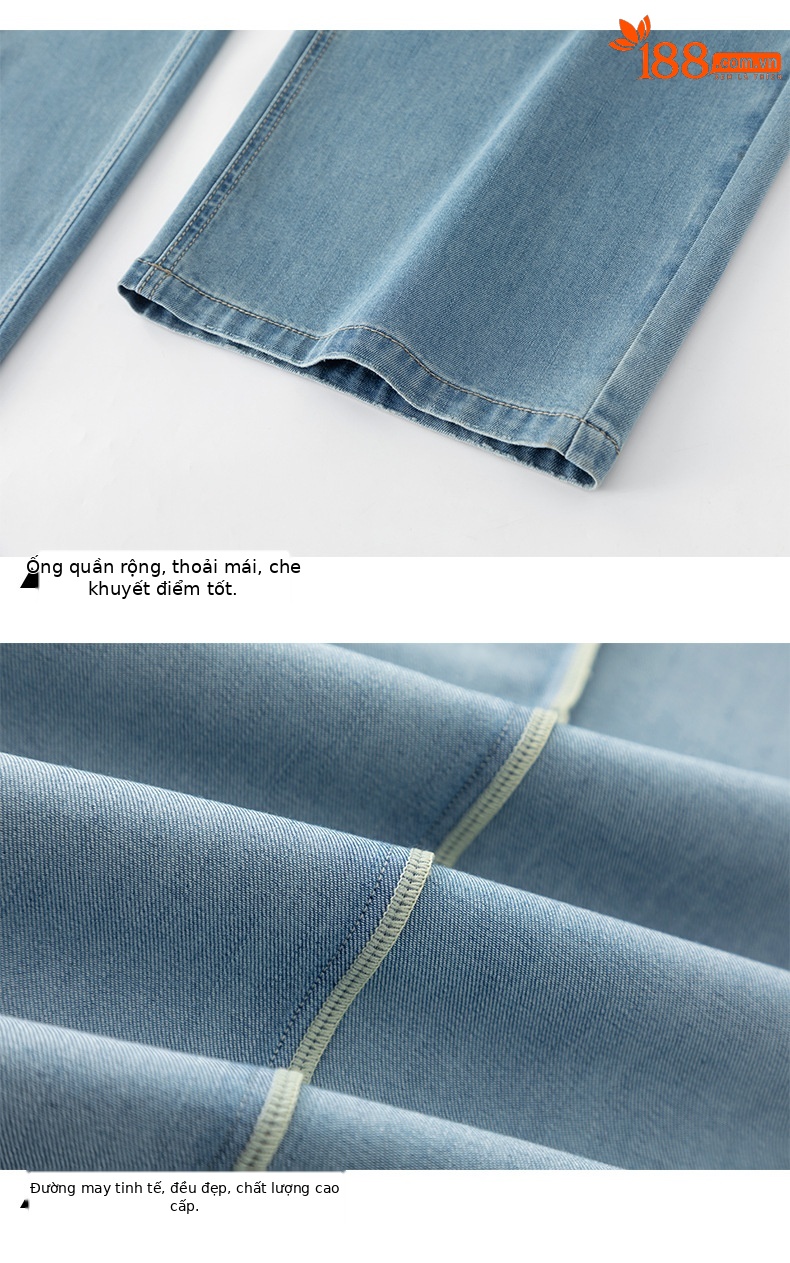 Quần jean nữ cao eo ống rộng dáng suông, chất liệu cotton pha tơ tằm thoáng mát, dài 103 cm — Thông thường - chiều dài quần khoảng 103cm chi tiết 18