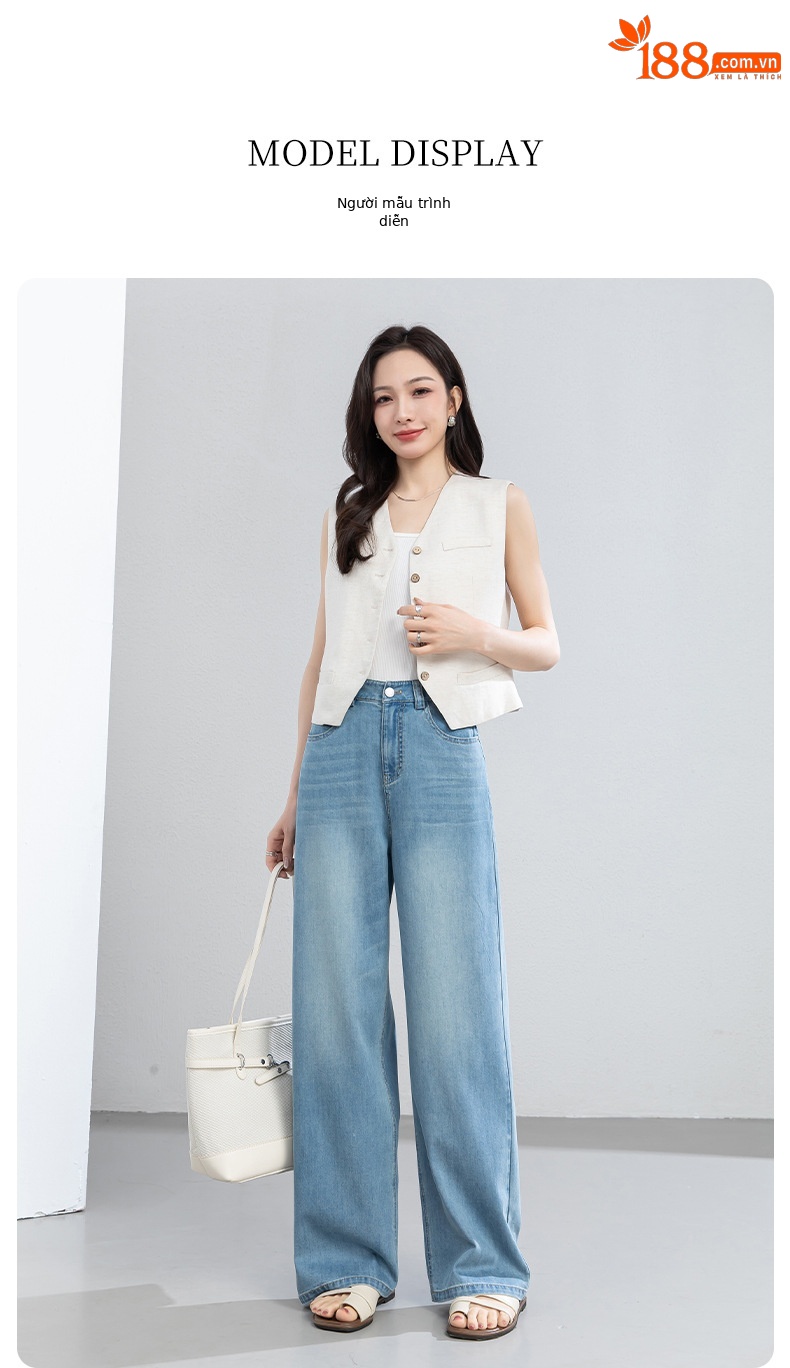 Quần jean nữ cao eo ống rộng dáng suông, chất liệu cotton pha tơ tằm thoáng mát, dài 103 cm — Thông thường - chiều dài quần khoảng 103cm chi tiết 19