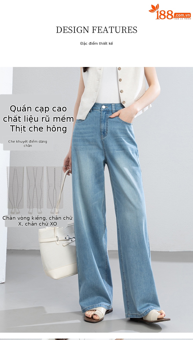 Quần jean nữ cao eo ống rộng dáng suông, chất liệu cotton pha tơ tằm thoáng mát, dài 103 cm — Thông thường - chiều dài quần khoảng 103cm chi tiết 8