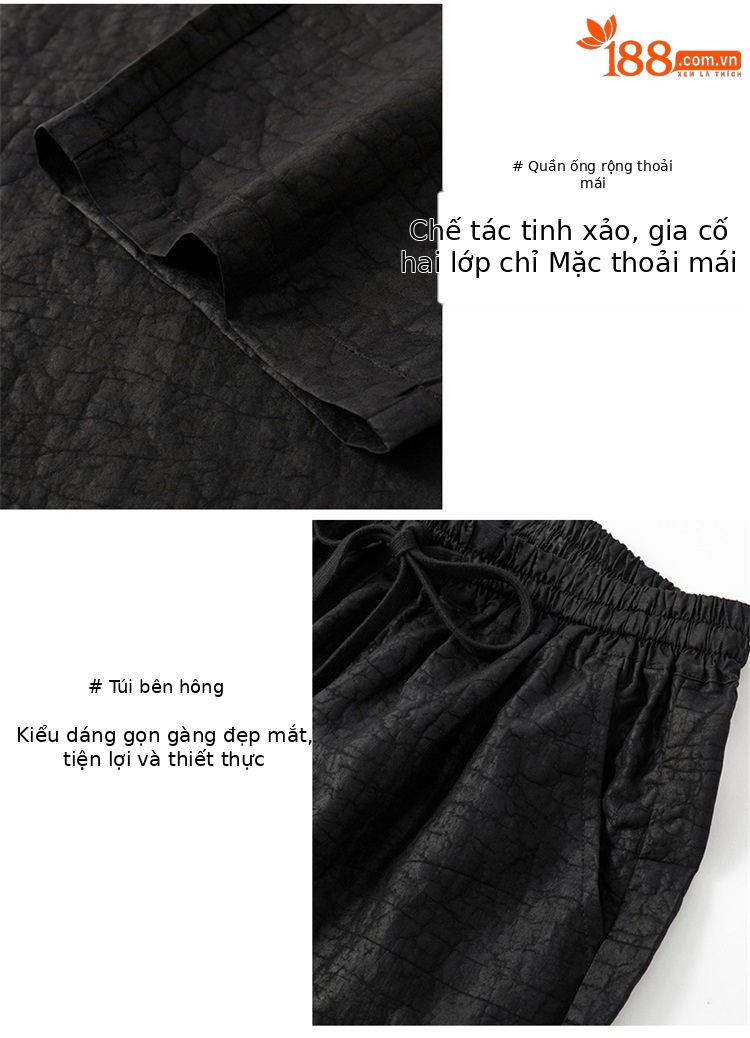 Quần short lụa vani nam rộng thùng thình, chất lụa mềm mát, phong cách giải trí mùa hè — Đen SPH8818 chi tiết 6