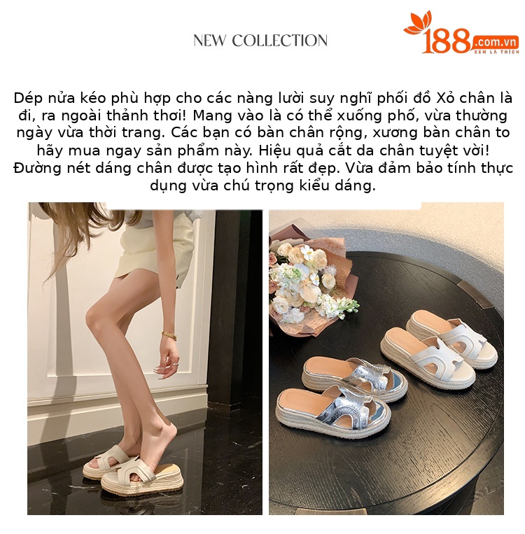 Dép sandal nữ quai chữ H đế đan rơm cao gót xuồng — màu trắng ngà, bạc chi tiết 2