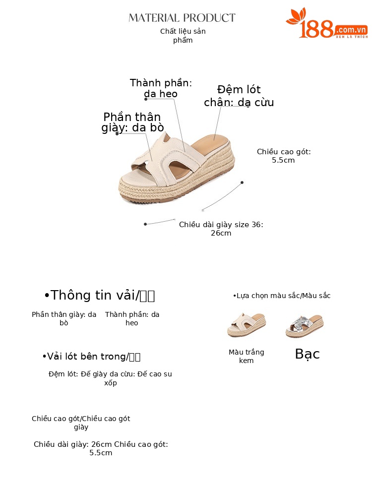 Dép sandal nữ quai chữ H đế đan rơm cao gót xuồng — màu trắng ngà, bạc chi tiết 4