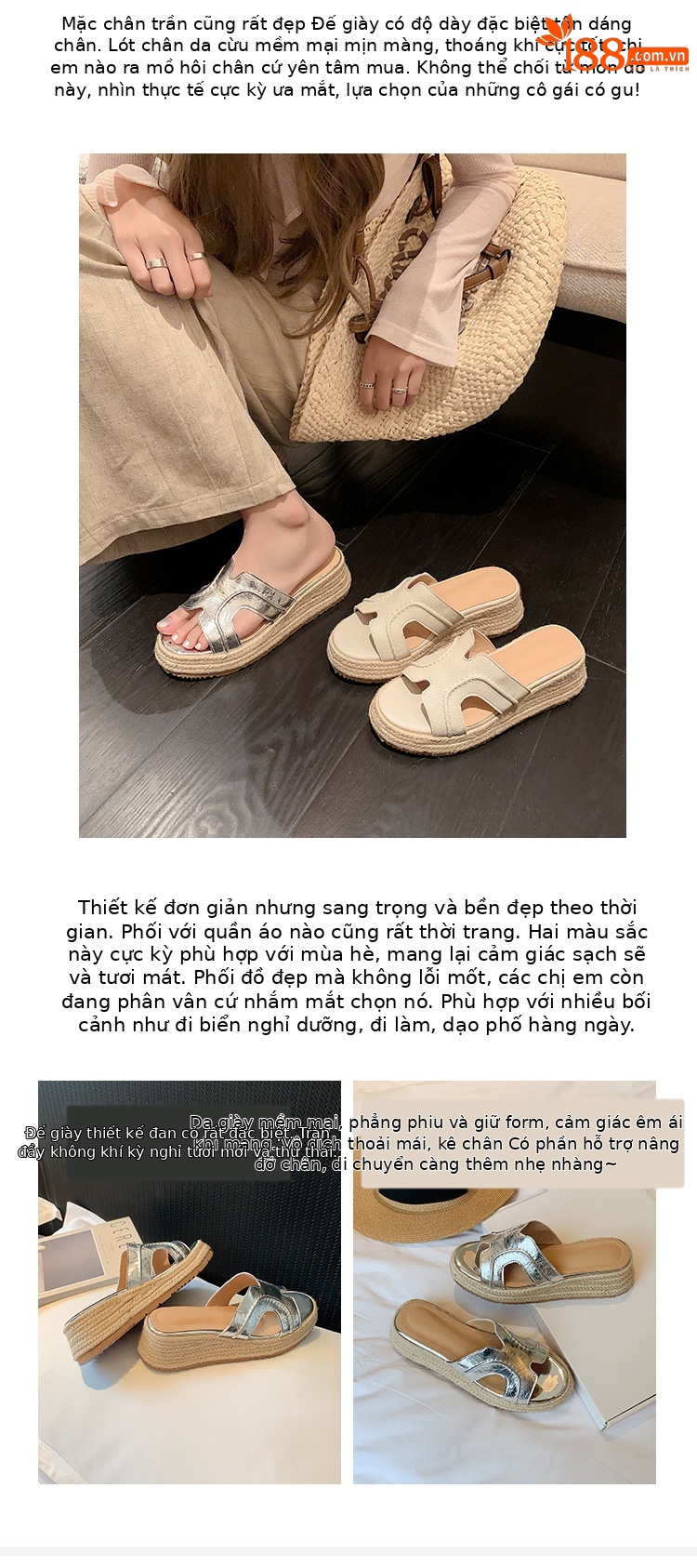 Dép sandal nữ quai chữ H đế đan rơm cao gót xuồng — màu trắng ngà, bạc chi tiết 3