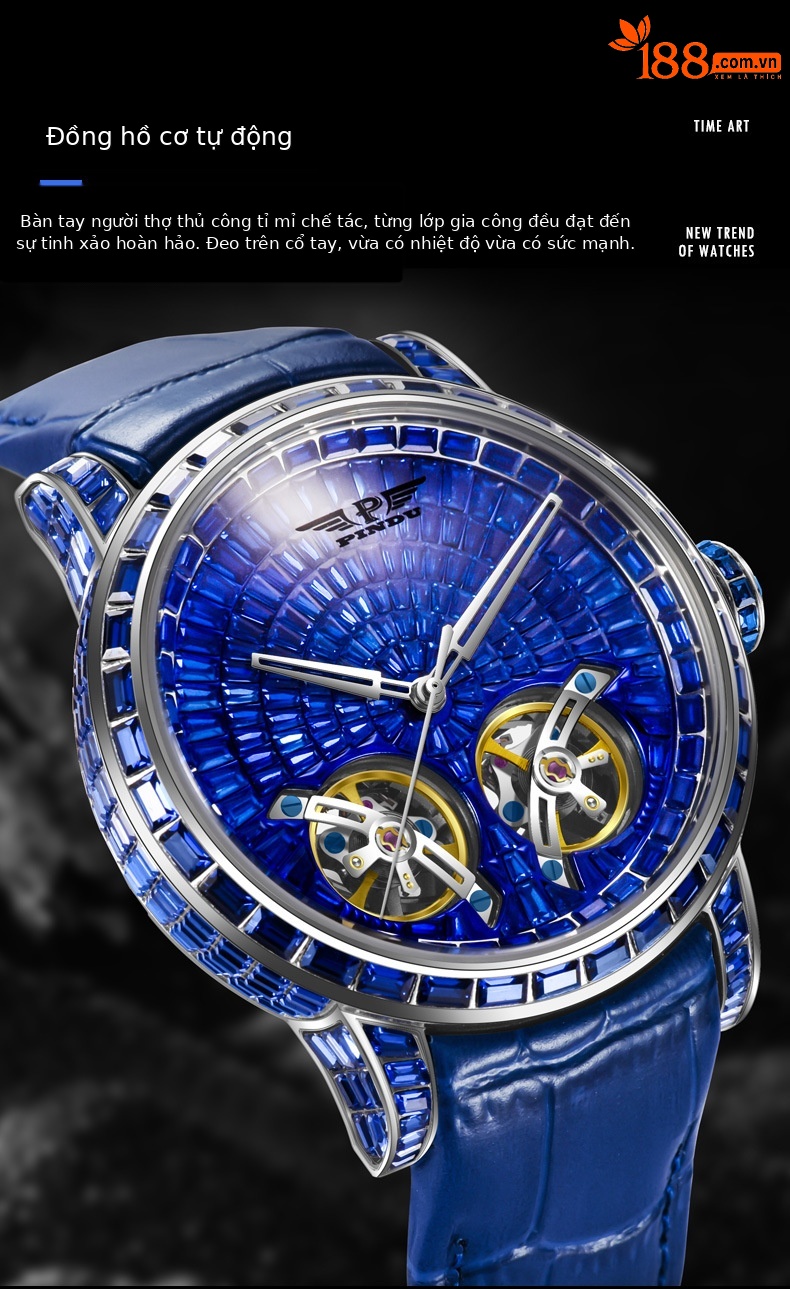 Đồng hồ nam automatic lộ máy phát quang đính đá hai bánh xe bay chống nước đa năng chi tiết 3