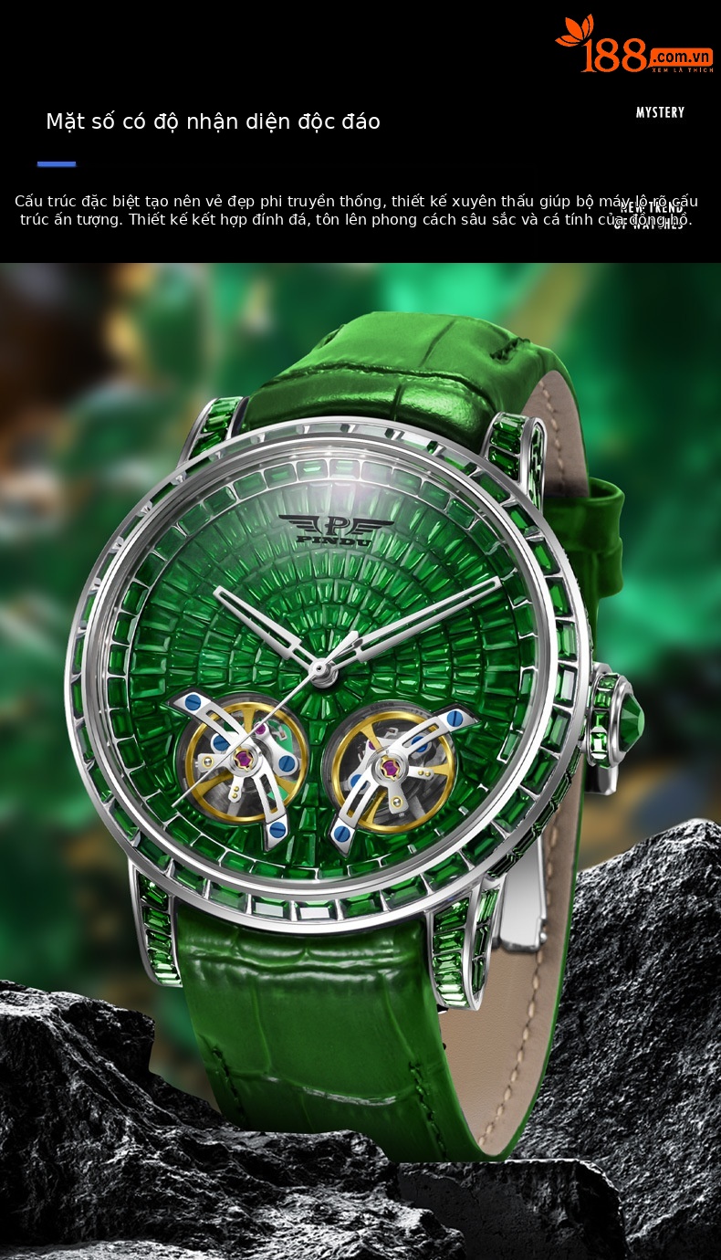 Đồng hồ nam automatic lộ máy phát quang đính đá hai bánh xe bay chống nước đa năng chi tiết 4