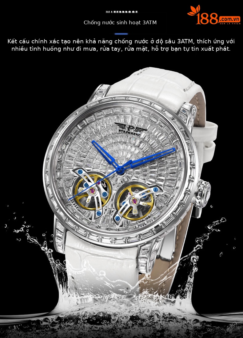 Đồng hồ nam automatic lộ máy phát quang đính đá hai bánh xe bay chống nước đa năng chi tiết 7