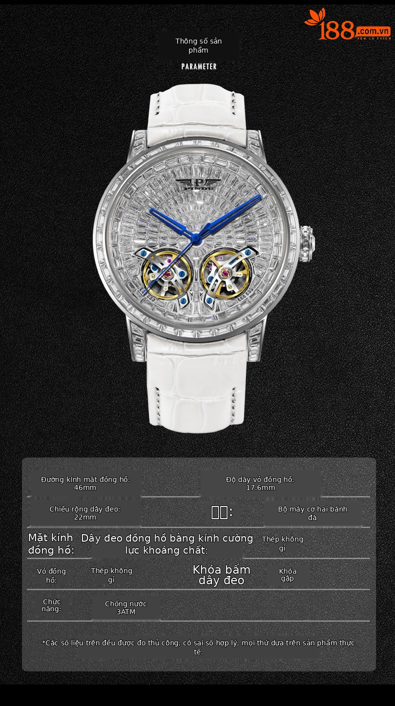 Đồng hồ nam automatic lộ máy phát quang đính đá hai bánh xe bay chống nước đa năng chi tiết 5