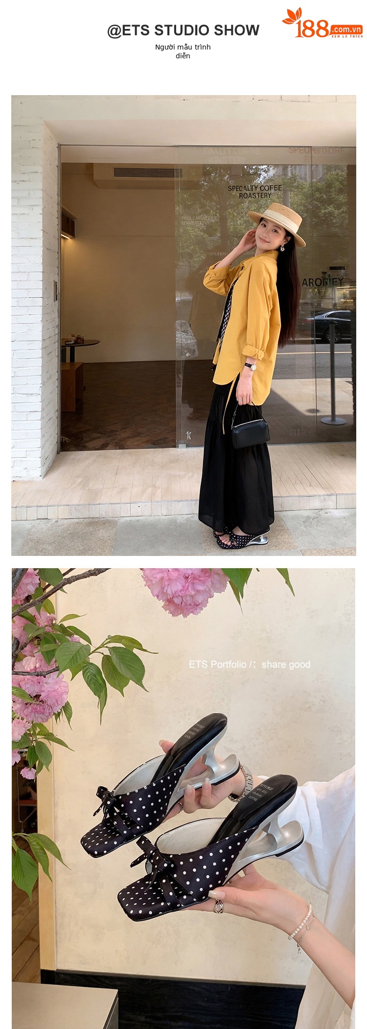 Sandal cao gót nữ mũi vuông hở ngón, đế xuồng chấm bi nơ bướm, gót 6 cm — màu đen, màu trắng ngà, màu mơ chi tiết 10