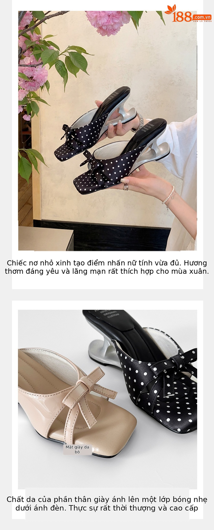 Sandal cao gót nữ mũi vuông hở ngón, đế xuồng chấm bi nơ bướm, gót 6 cm — màu đen, màu trắng ngà, màu mơ chi tiết 8