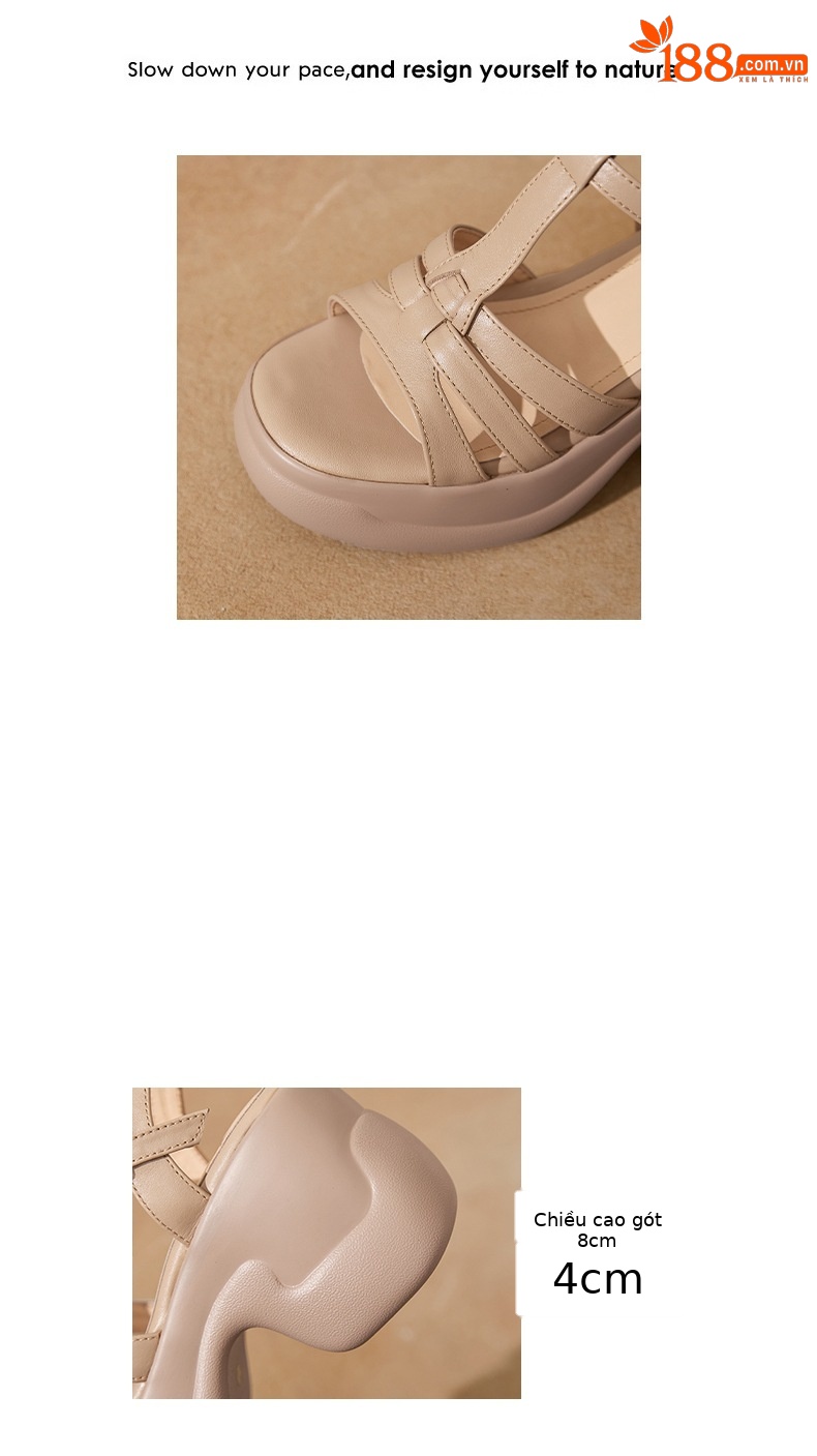Sandal nữ hở mũi da bò thật gót xuồng đế dày quai chữ T — màu trắng ngà chi tiết 3
